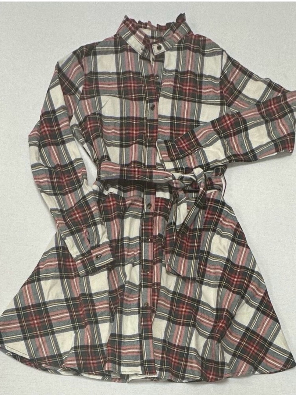 Kiel James Patrick Plaid Belted Long-Sleeve Dress in Cream, Red, Green